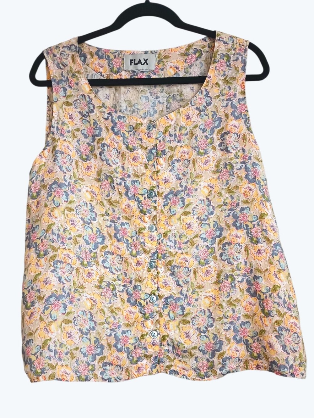 FLAX Linen Boxy Floral Button-Front Sleeveless Top Size XL